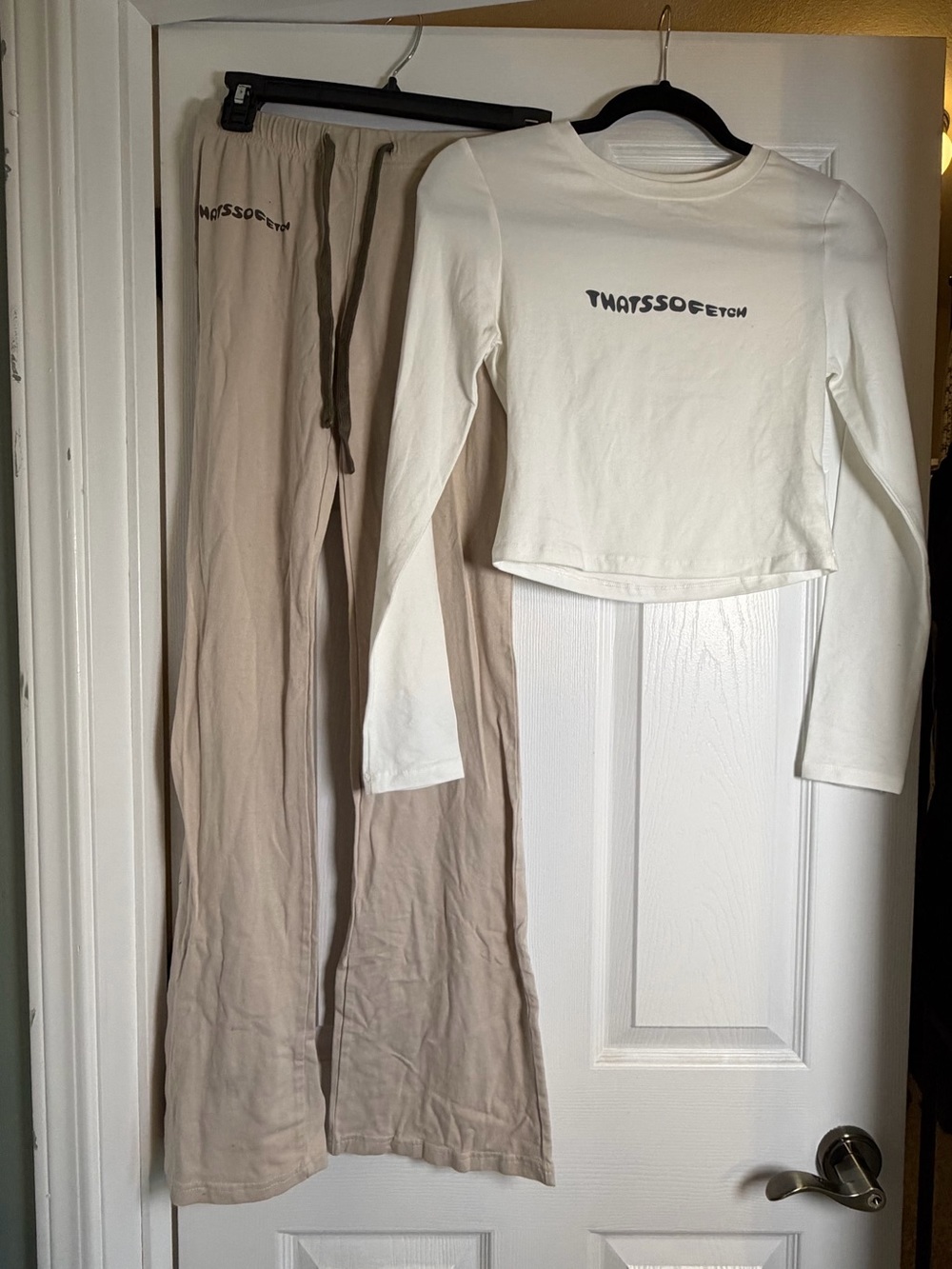 THATSSOFETCH Women's Cream Long Sleeve Top & Tan Boot Cut Pants Set